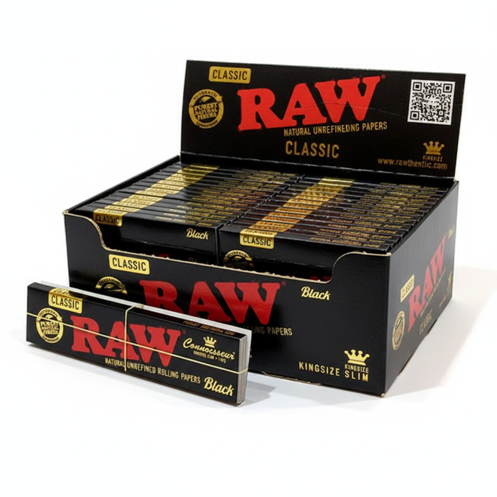 Display RAW Black Connoisseur King Size Slim con filtros, 24 libritos de papeles ultra finos