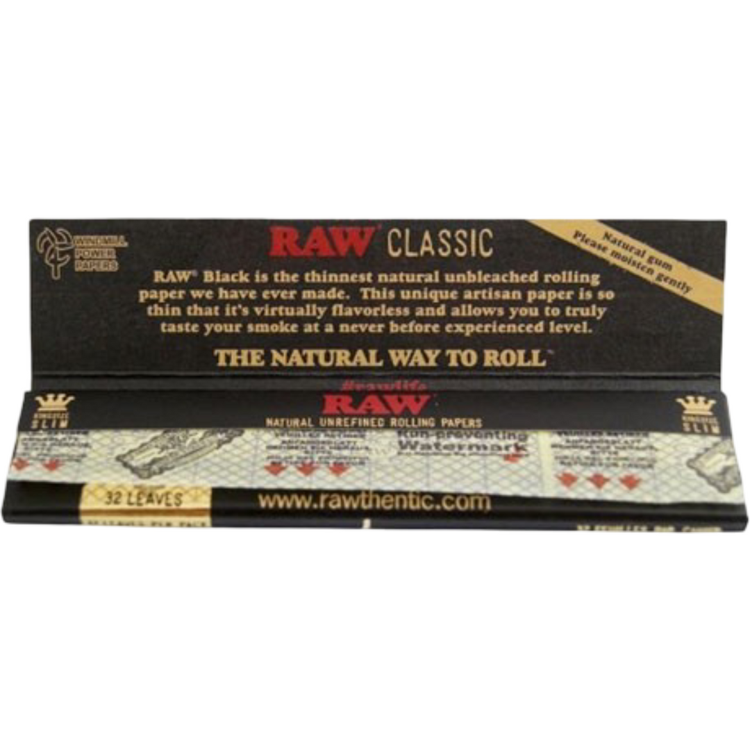 RAW Black King Size Slim abierto mostrando marca de agua y hojas ultra finas
