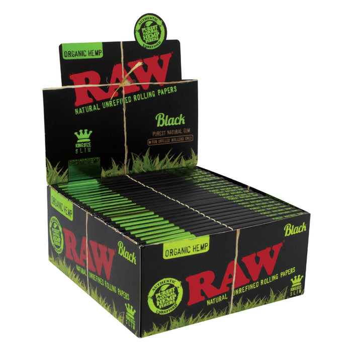 Papeles RAW Black Organic Hemp King Size Slim, display y librito de cáñamo orgánico