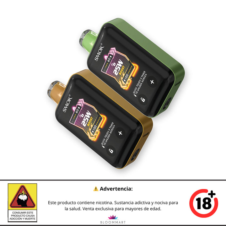 SMOK TOUCH 20K en sus dos sabores, Cherry Lemon Ice dorado-naranja y Apple Citrus Ice verde, acostados en diagonal
