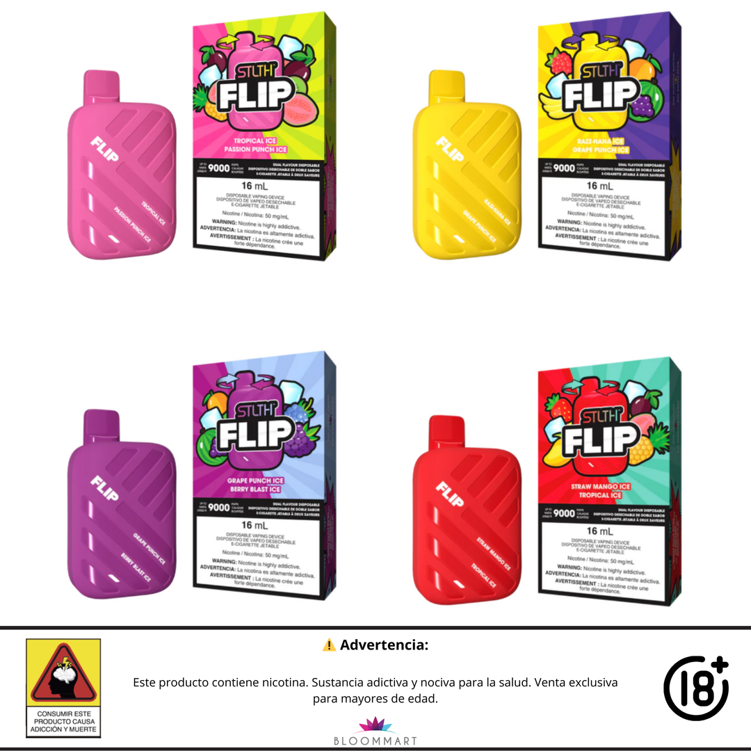 Línea completa de vaporizadores STLTH Flip 9000 puffs con variedad de sabores frutales.