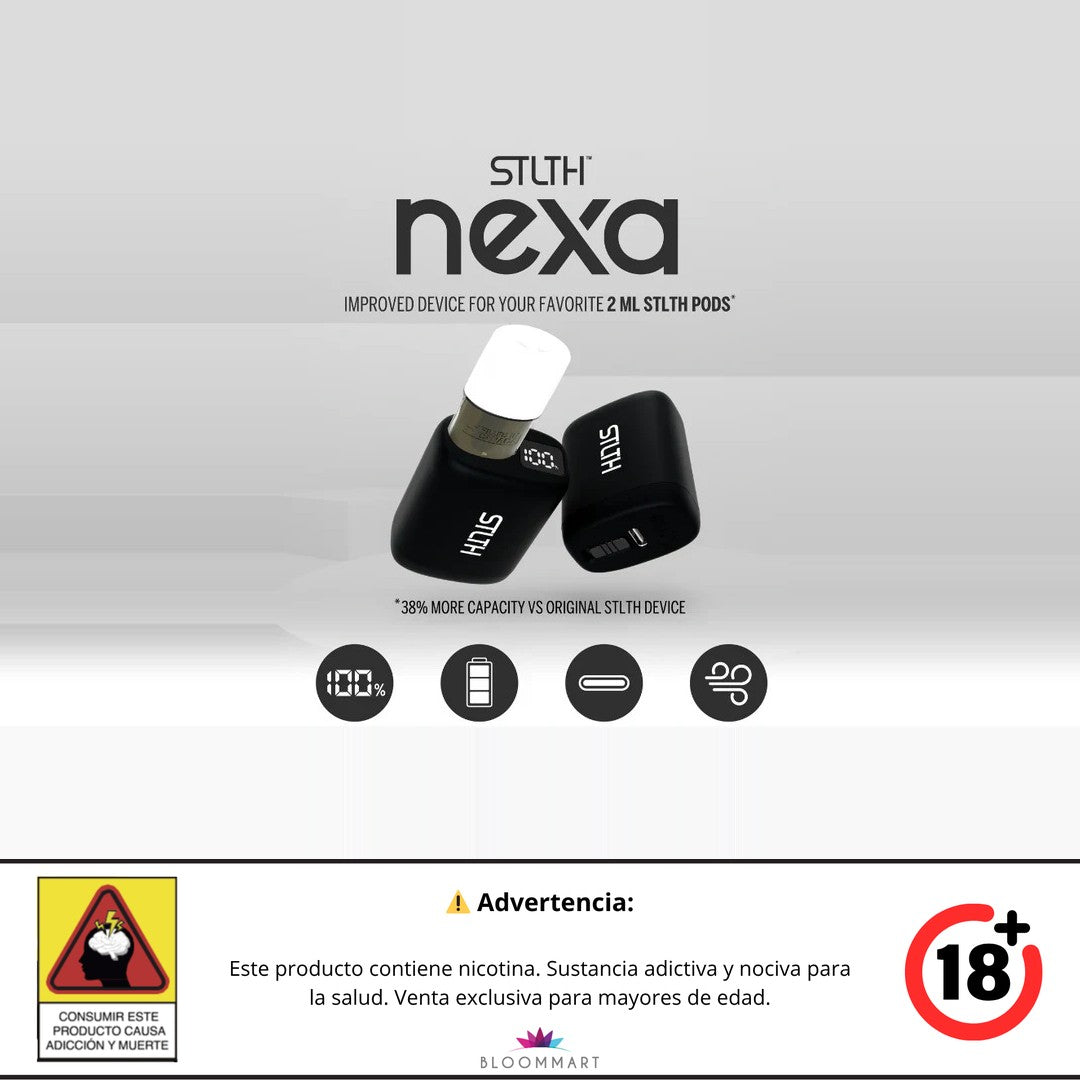 Batería recargable STLTH Nexa negra de 650 mAh con pod insertado, pantalla LED encendida, sello +18 y advertencia de nicotina