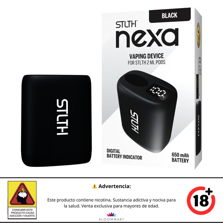 Empaque original del dispositivo STLTH Nexa con indicador digital de batería, sello +18 y advertencia de nicotina