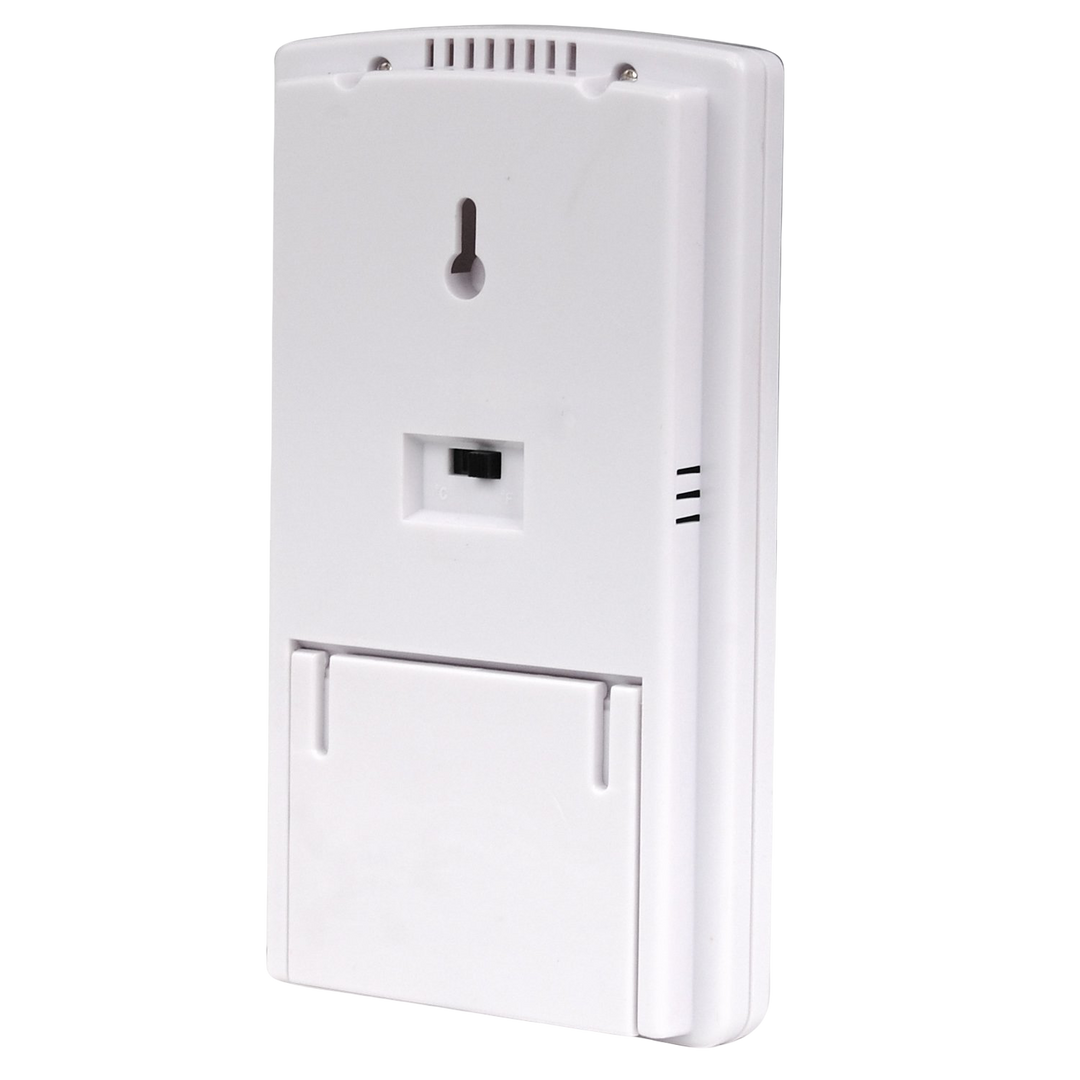 Vista posterior del termómetro higrómetro iKKEGOL TA318 con soporte abatible.