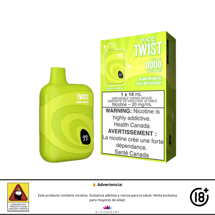 Twist Vice 8000 Puff sabor Island Splash Ice con empaque y dispositivo color verde