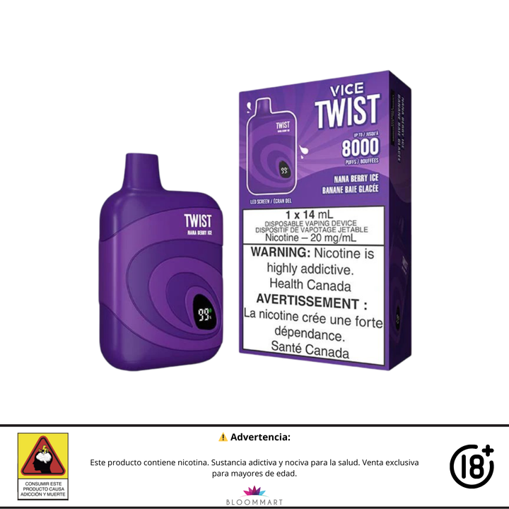 Twist Vice 8000 Puff sabor Nana Berry Ice con dispositivo morado y empaque