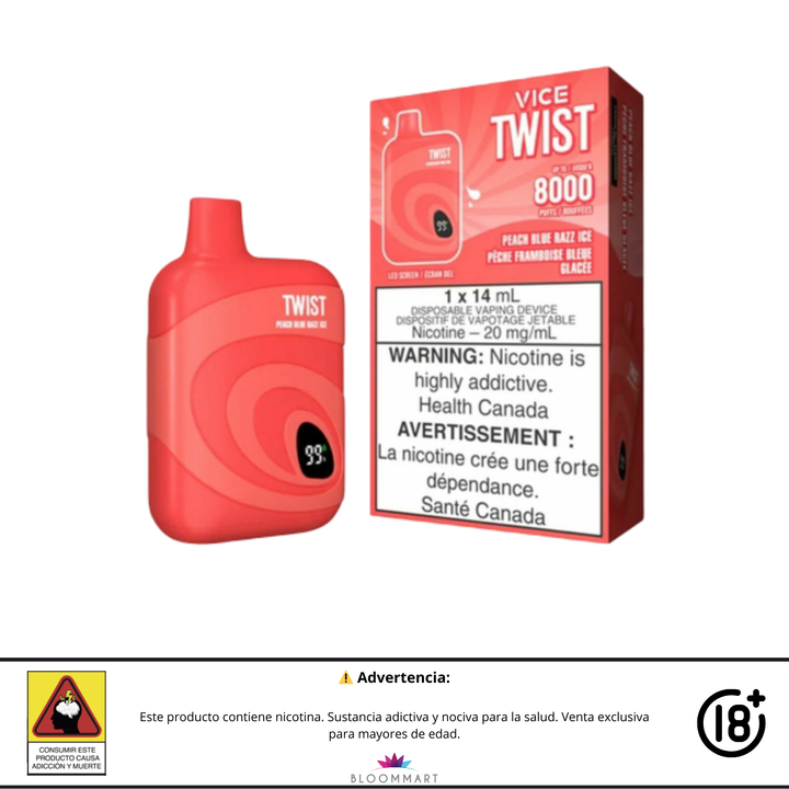 Twist Vice 8000 Puff sabor Peach Blue Razz Ice con empaque y dispositivo rojo