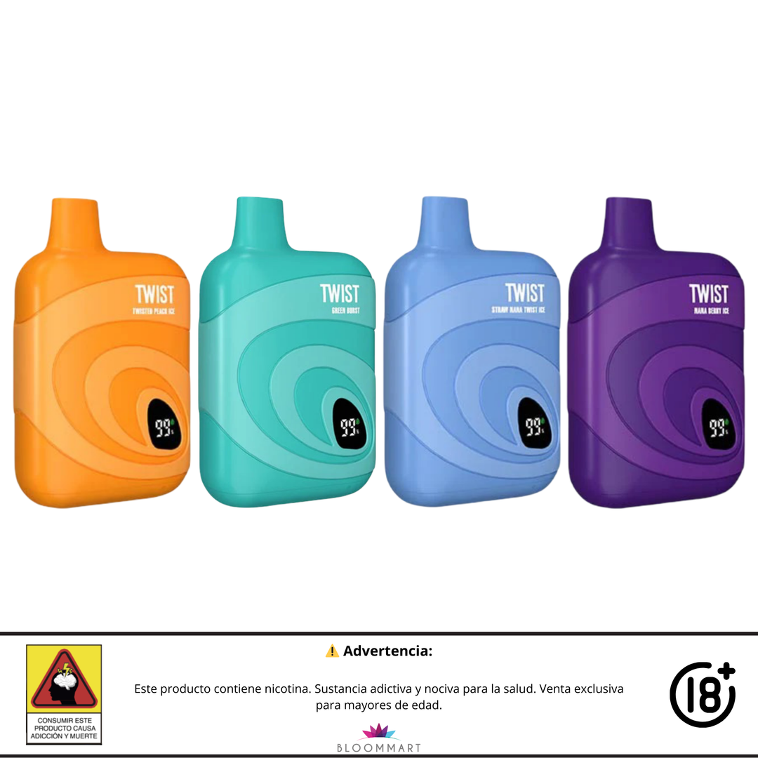 Vape desechable Twist Vice 8000 Puff en varios colores y sabores frutales con pantalla LED
