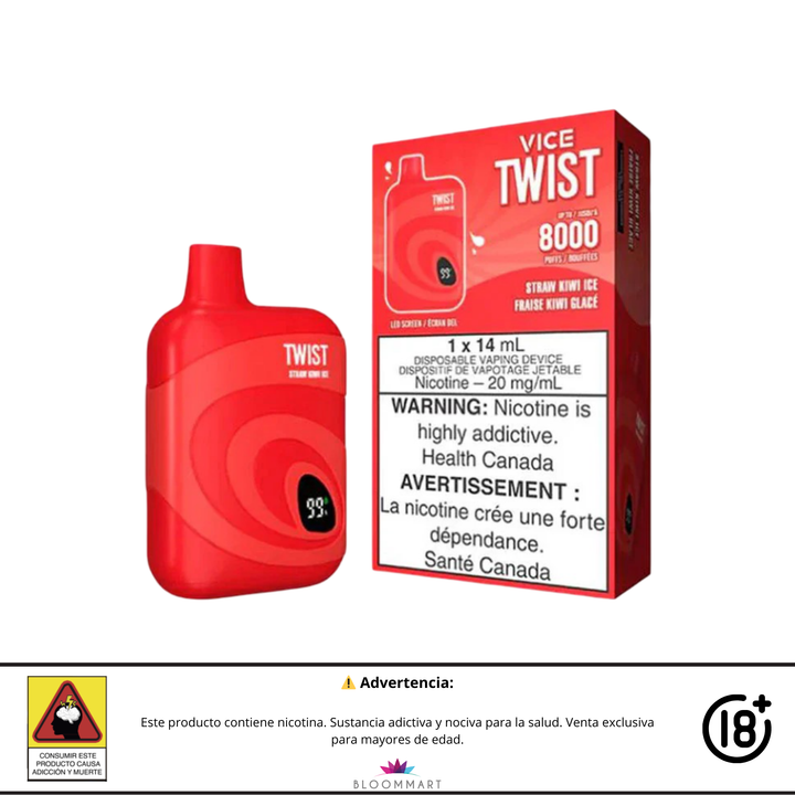 Twist Vice 8000 Puff sabor Straw Kiwi Ice con dispositivo rojo y empaque