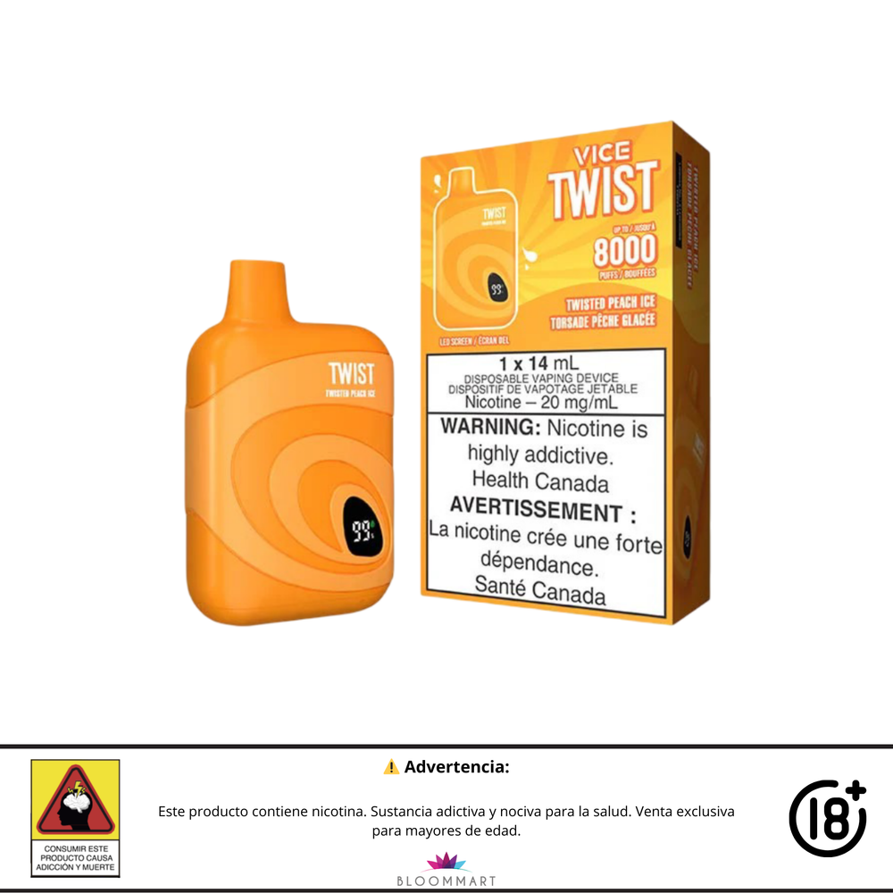 Twist Vice 8000 Puff sabor Twisted Peach Ice color naranja con caja