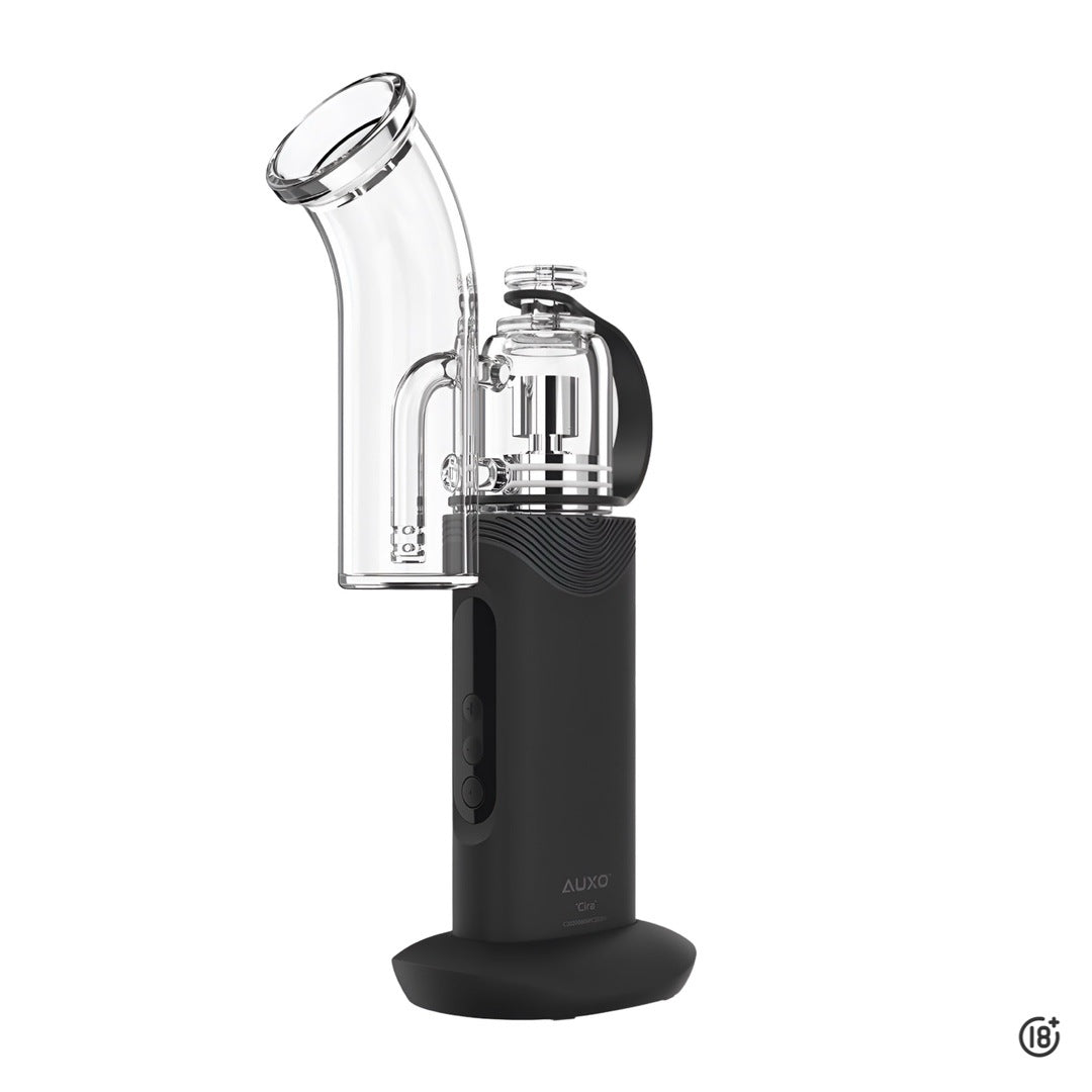 Vista lateral del vaporizador Auxo Cira para concentrados con boquilla de vidrio transparente.