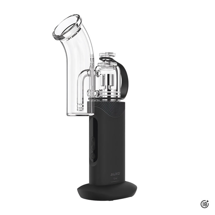 Vista lateral del vaporizador Auxo Cira para concentrados con boquilla de vidrio transparente.