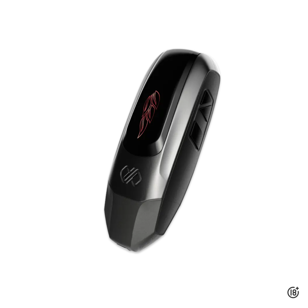 Vaporizador Boundless Vexil negro portátil visto de lado con diseño ergonómico
