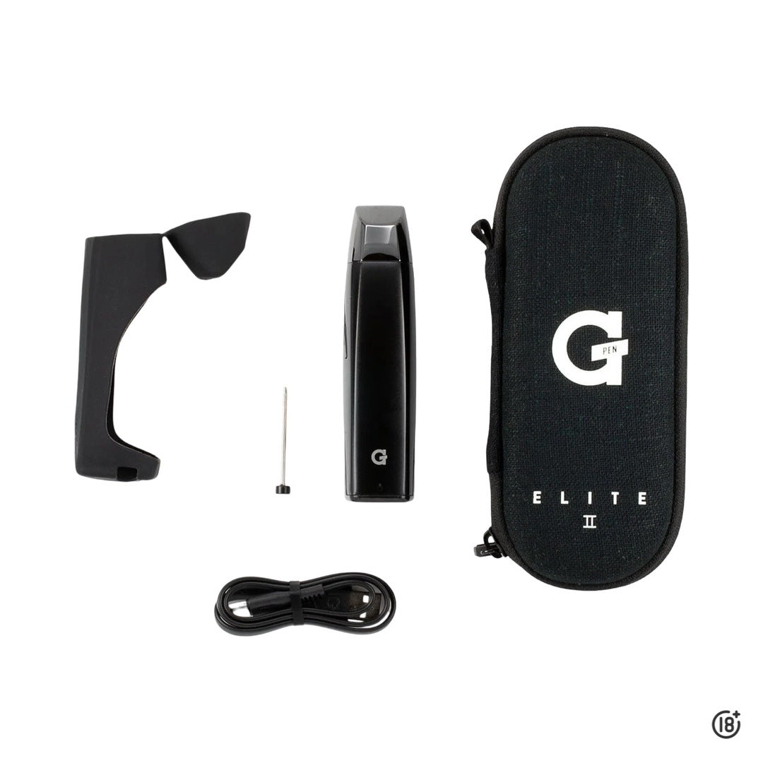 Accesorios del vaporizador herbal G Pen Elite 2, cargador USB-C y herramientas incluidas.