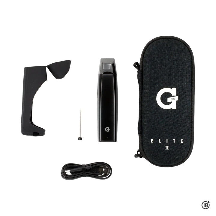 Accesorios del vaporizador herbal G Pen Elite 2, cargador USB-C y herramientas incluidas.