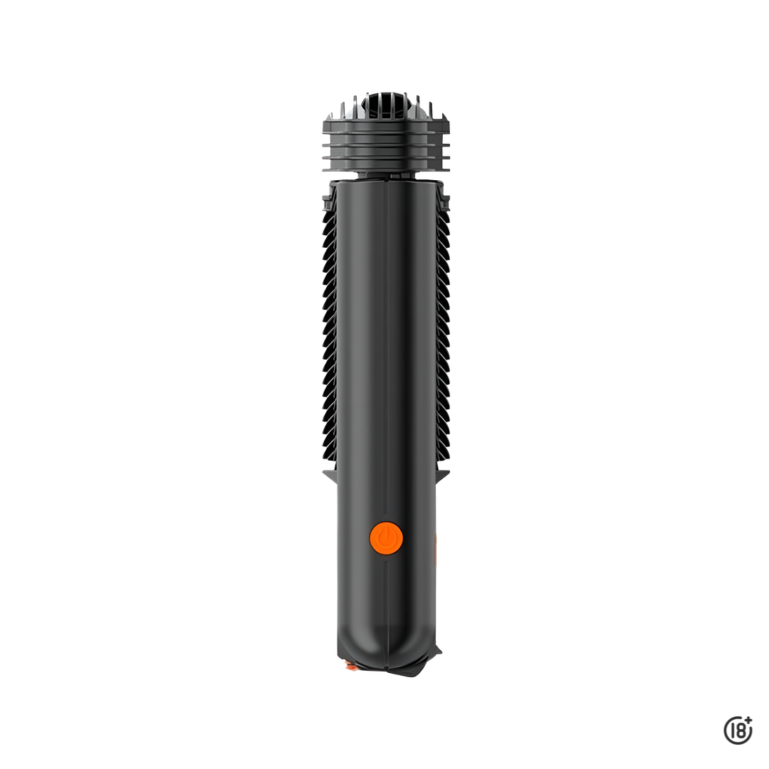 Vista lateral del vaporizador Mighty+ con diseño ergonómico y textura antideslizante.