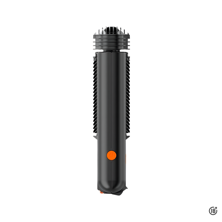 Vista lateral del vaporizador Mighty+ con diseño ergonómico y textura antideslizante.