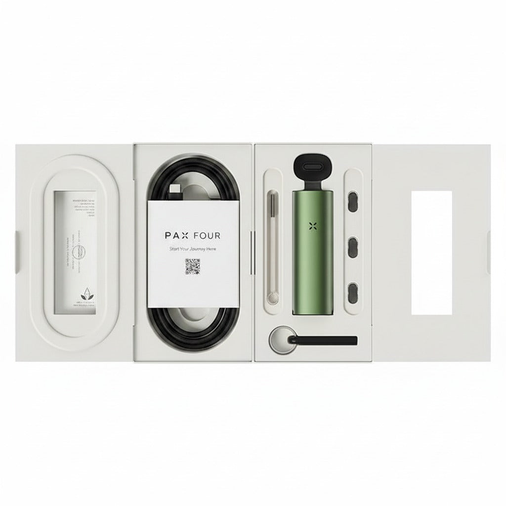 PAX FOUR contenido de la caja — vaporizador Greenstone, cable USB-C, multi-tool, boquillas, pantallas y cepillo