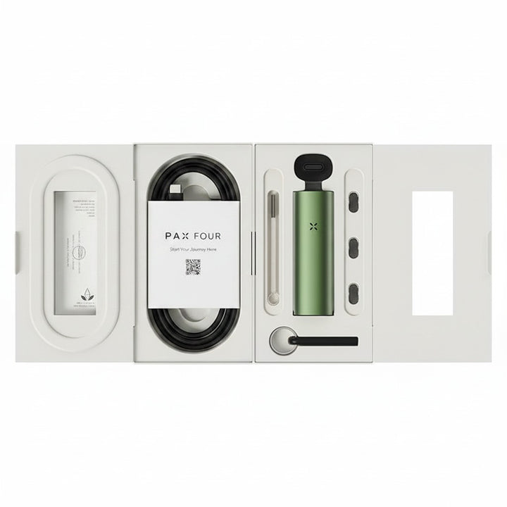 PAX FOUR contenido de la caja — vaporizador Greenstone, cable USB-C, multi-tool, boquillas, pantallas y cepillo