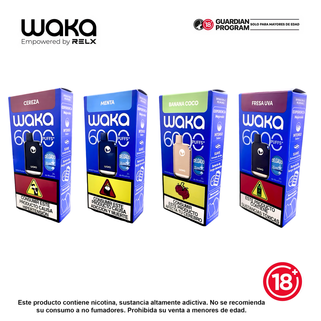 Vaporizadores desechables WAKA Nova 6000 puffs sabores cereza, menta, banana coco y fresa uva