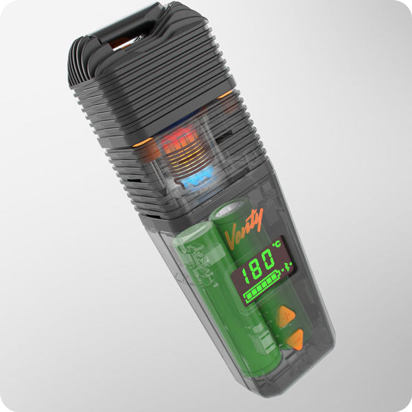 Vaporizador VENTY de Storz & Bickel en corte, con sus dos baterías, el calentador y la pantalla en 180 °C