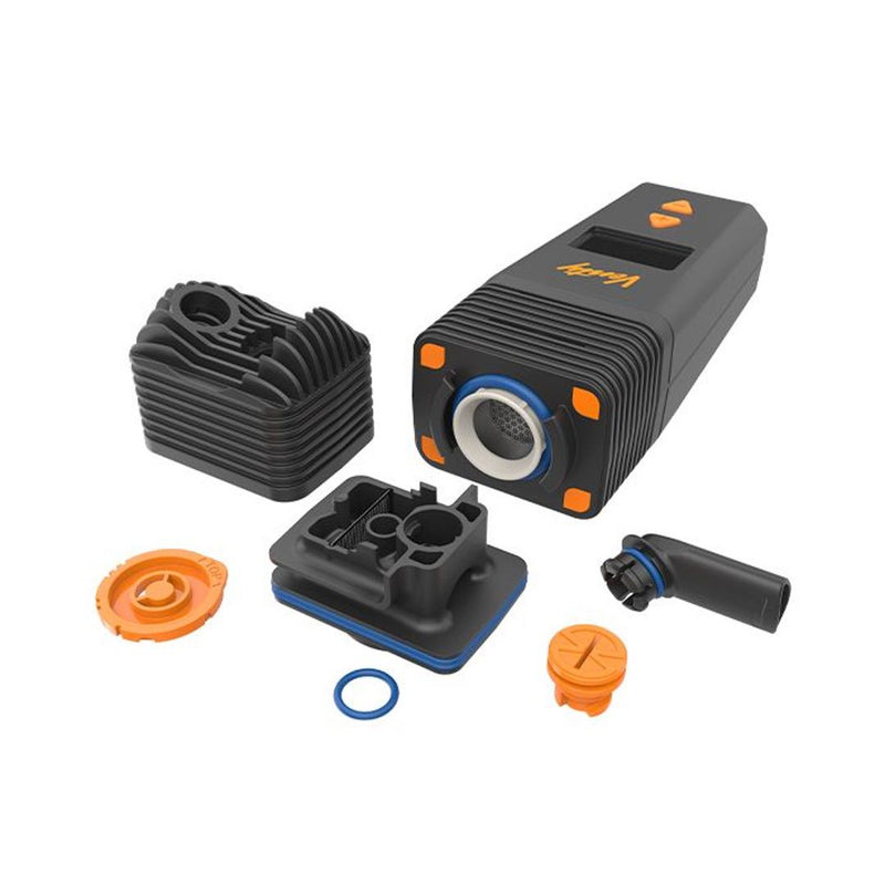Vaporizador VENTY de Storz & Bickel desarmado: cuerpo con la cámara de llenado, Cooling Unit, piezas internas naranja, O-rings azules y boquilla