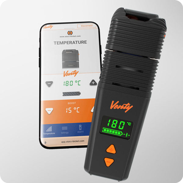 Vaporizador VENTY de Storz & Bickel junto a un celular con la Web App de Storz & Bickel en 180 °C y Boost de 15 °C