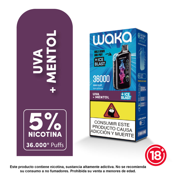 WAKA 36k Ice Blast Uva + Mentol – Vape recargable con pantalla digital y frescor ajustable