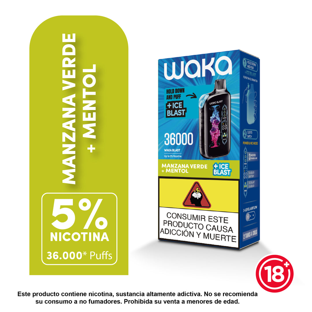 WAKA 36k Ice Blast Manzana Verde + Mentol – Vaporizador desechable 36.000 puffs en Colombia.