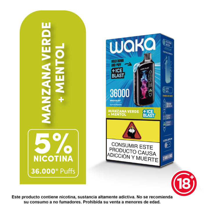 WAKA 36k Ice Blast Manzana Verde + Mentol – Vaporizador desechable 36.000 puffs en Colombia.