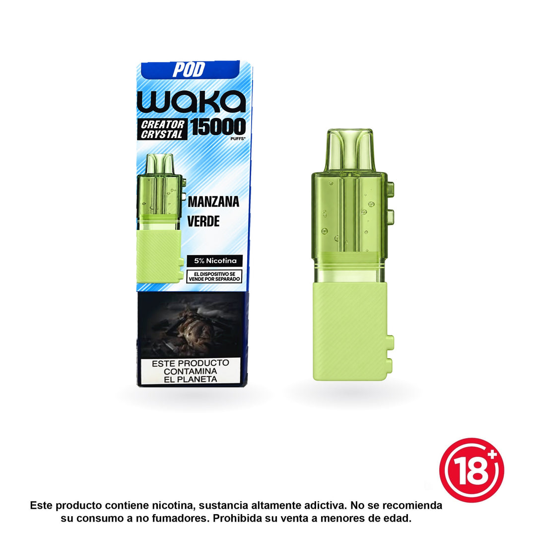 WAKA Creator Crystal Pod Manzana Verde con 5 % de nicotina junto a su caja