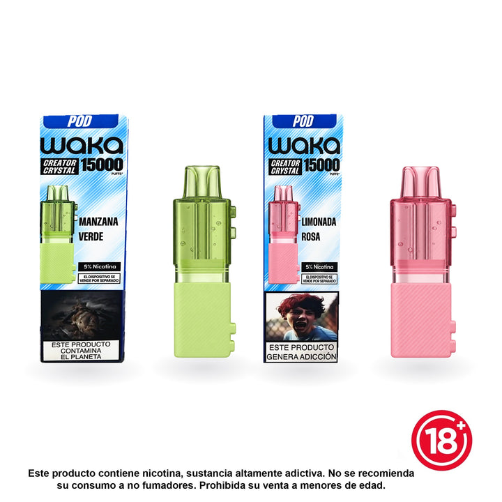 WAKA Creator Crystal Pod 15.000 Puffs en Manzana Verde y Limonada Rosa, cada pod junto a su caja