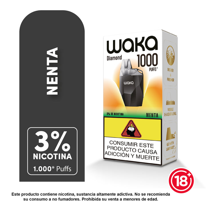Vaporizador Waka Mini Diamond 1000 Puffs sabor menta con 3% de nicotina.