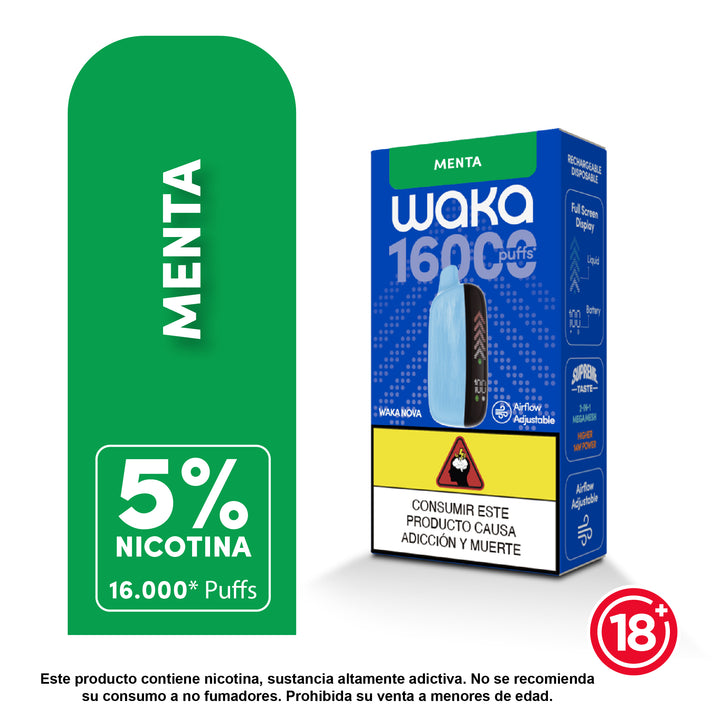 Waka Nova 16000 Puffs sabor menta 5% nicotina recargable con flujo de aire ajustable