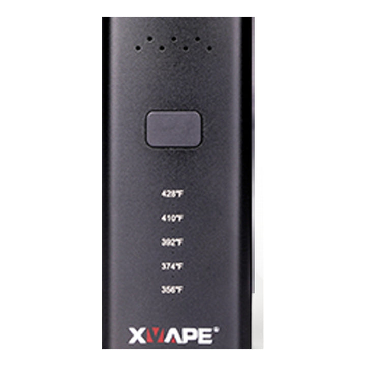 Detalle de la escala de temperatura del XVAPE Avant: 428, 410, 392, 374 y 356 grados Fahrenheit junto al botón