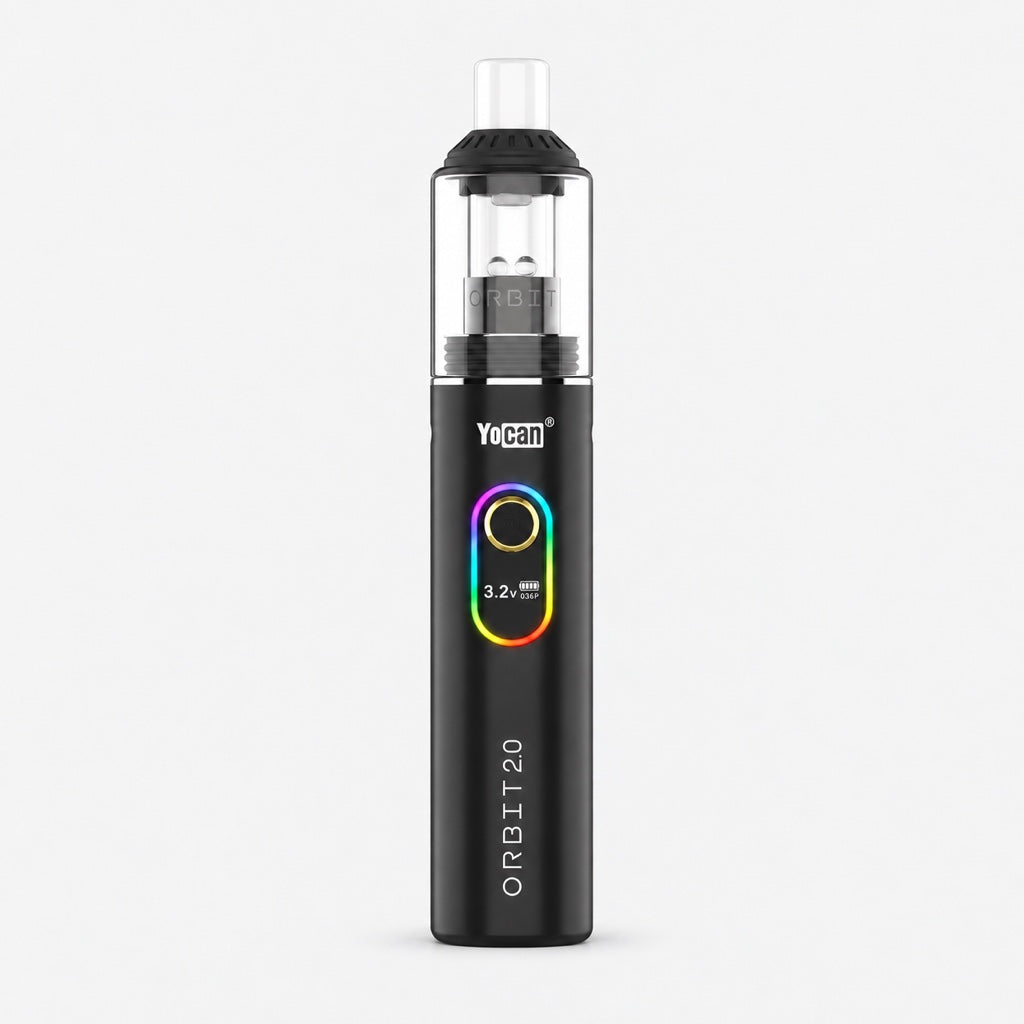 Yocan Orbit 2.0 negro con la pantalla OLED encendida y aro de luz RGB alrededor del botón