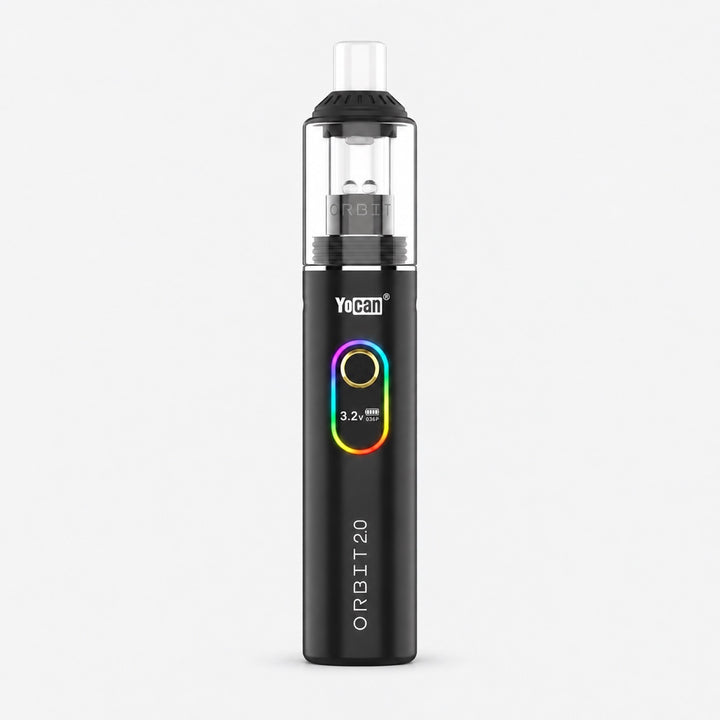 Yocan Orbit 2.0 negro con la pantalla OLED encendida y aro de luz RGB alrededor del botón