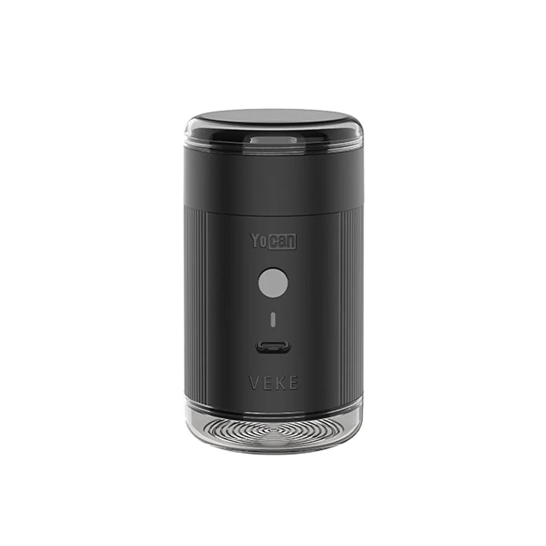 Yocan VEKE negro de frente, grinder eléctrico para hierbas secas con tapa y base transparentes