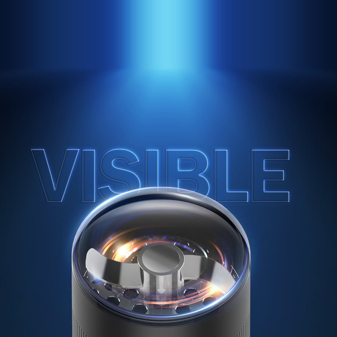 Tapa transparente del Yocan VEKE vista desde arriba, con las cuchillas de aleación de zinc