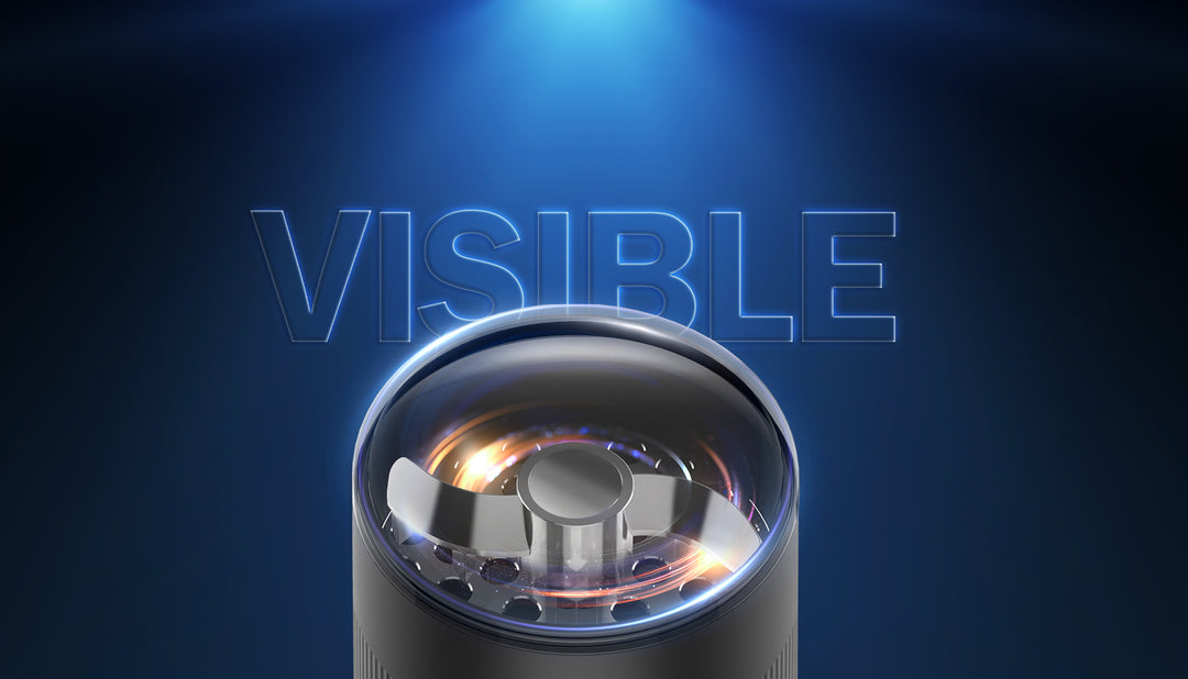 Tapa transparente del Yocan VEKE vista desde arriba, con las cuchillas de aleación de zinc