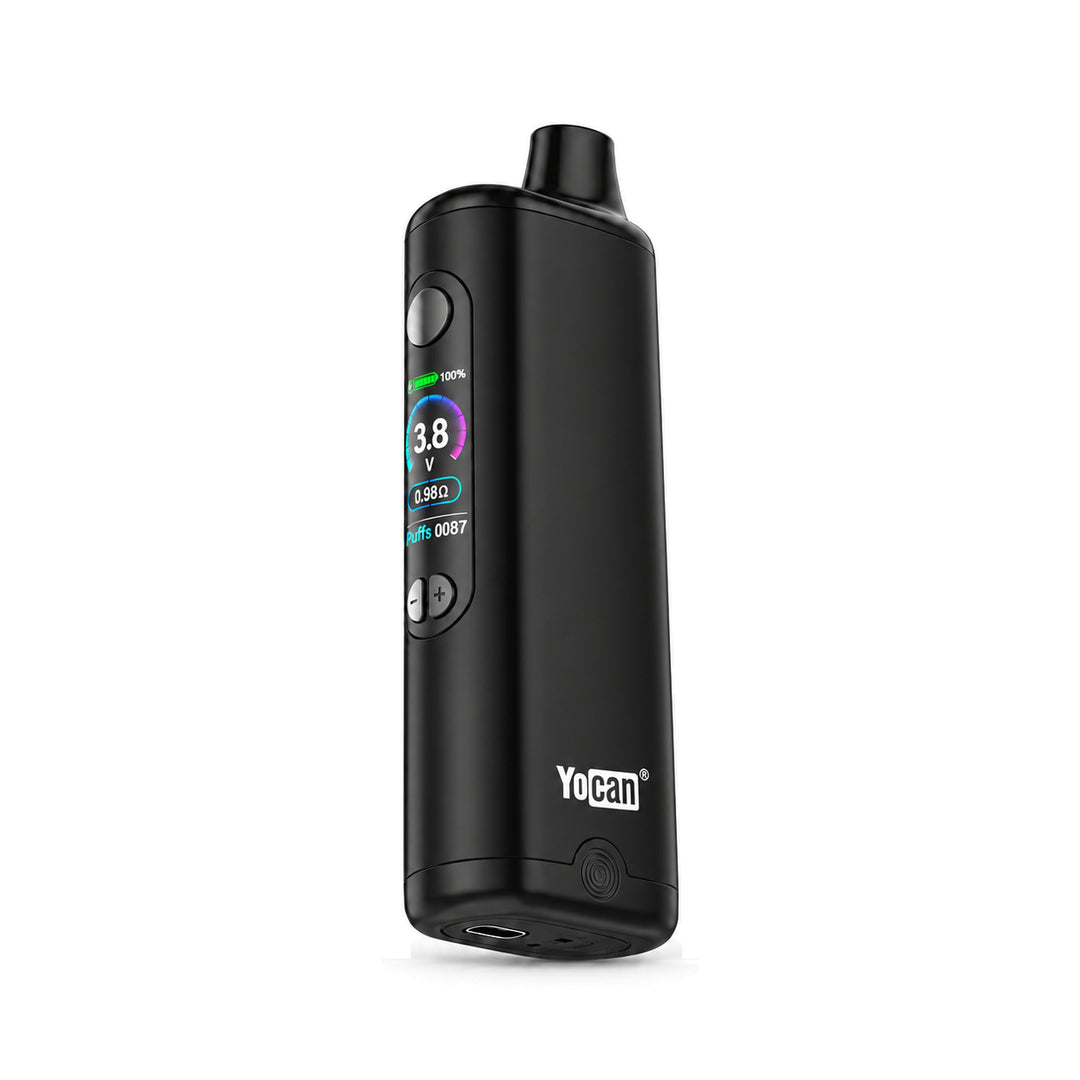 Yocan Ziva 2.0 negra vista de costado, con el logo Yocan y la base donde está el puerto USB-C
