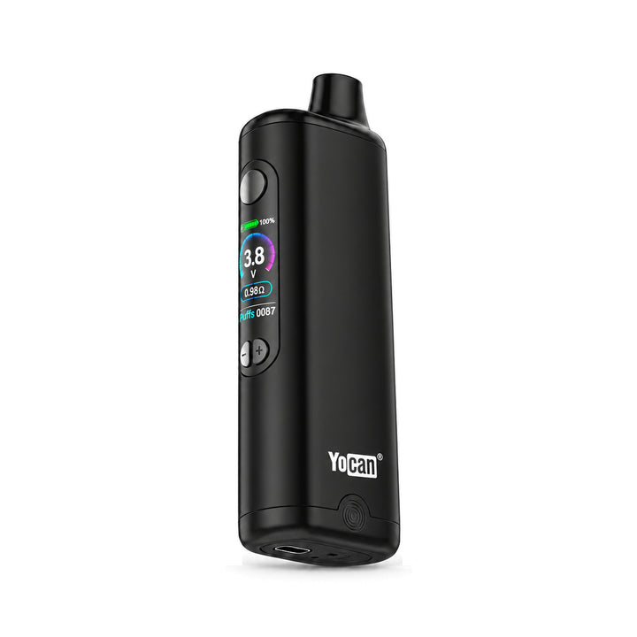 Yocan Ziva 2.0 negra vista de costado, con el logo Yocan y la base donde está el puerto USB-C
