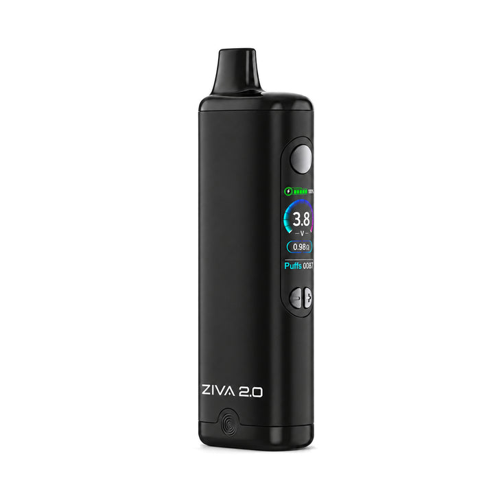 Yocan Ziva 2.0 en negro, de frente, con la pantalla a color encendida