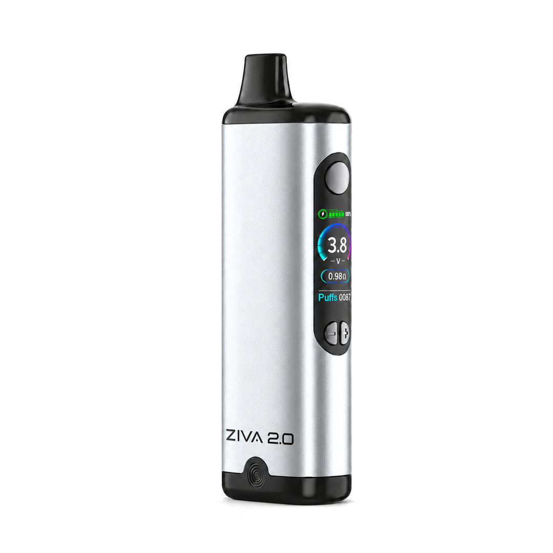 Yocan Ziva 2.0 en plateado, de frente, con la pantalla a color encendida