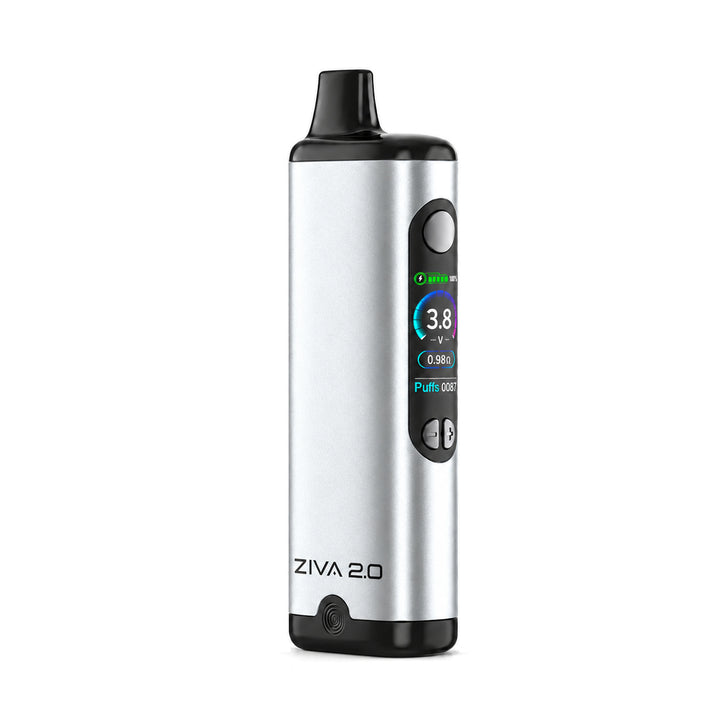 Yocan Ziva 2.0 en plateado, de frente, con la pantalla a color encendida
