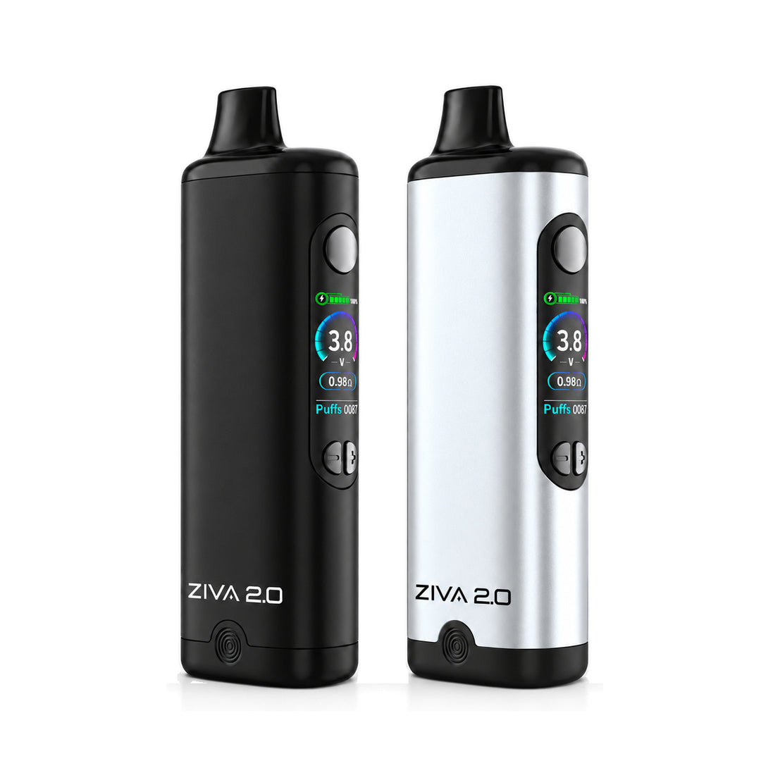 Yocan Ziva 2.0 en negro y en plateado, batería 510 con la pantalla a color encendida