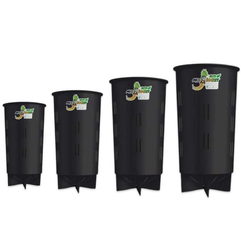 Las cuatro Macetas Mad Rocket de 5, 10, 16 y 25 litros alineadas de menor a mayor, en negro grafito